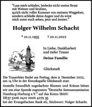 Traueranzeige von Holger Wilhelm Schacht von Norddeutsche Rundschau