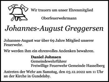 Traueranzeige von Johannes-August Greggersen von Schlei-Bote