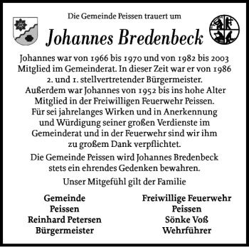 Traueranzeige von Johannes Bredenbeck von Norddeutsche Rundschau