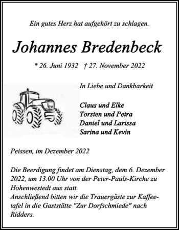 Traueranzeige von Johannes Bredenbeck von Norddeutsche Rundschau