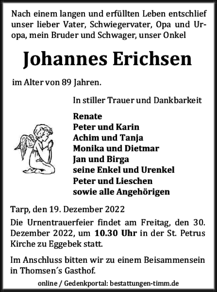  Traueranzeige für Johannes Erichsen vom 24.12.2022 aus Flensburger Tageblatt
