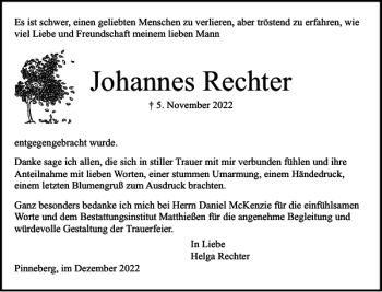Traueranzeige von Johannes Rechter von Pinneberger Tageblatt