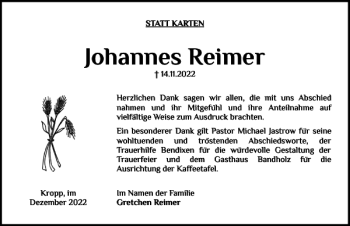 Traueranzeige von Johannes Reimer von Landeszeitung