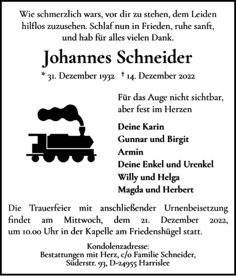  Traueranzeige für Johannes Schneider vom 17.12.2022 aus Flensburger Tageblatt