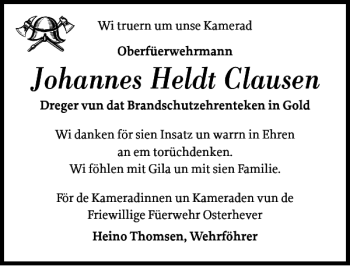 Traueranzeige von Johannes Heldt Clausen von Husumer Nachrichten