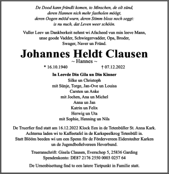 Traueranzeige von Johannes Heldt Clausen von Husumer Nachrichten