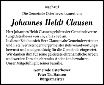 Traueranzeige von Johannes Heldt Clausen von Husumer Nachrichten