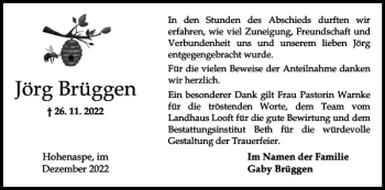 Traueranzeige von Jörg Brüggen von Norddeutsche Rundschau