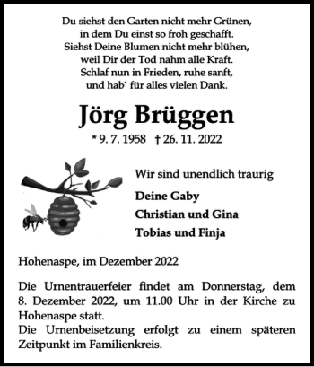 Traueranzeige von Jörg Brüggen von Norddeutsche Rundschau