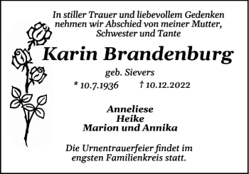 Traueranzeige von Karin Brandenburg von Holsteinischer Courier