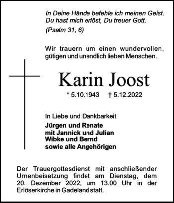 Traueranzeige von Karin Joost von Holsteinischer Courier