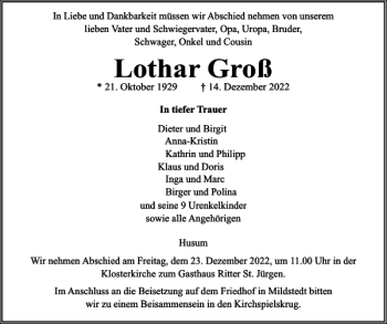 Traueranzeige von Lothar Groß von Husumer Nachrichten