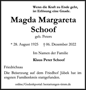 Traueranzeige von Magda Margareta Schoof von Schleswiger Nachrichten