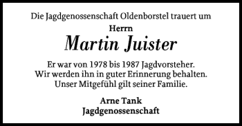 Traueranzeige von Martin Juister von Norddeutsche Rundschau