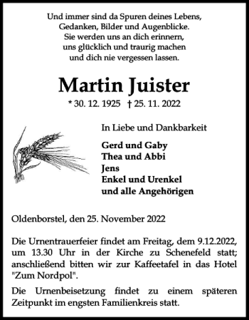 Traueranzeige von Martin Juister von Norddeutsche Rundschau