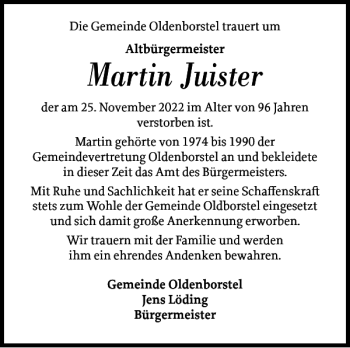 Traueranzeige von Martin Juister von Norddeutsche Rundschau