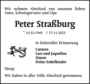 Traueranzeige von Peter Straßburg von Flensburger Tageblatt