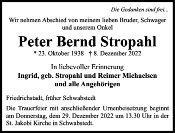 Traueranzeige von Peter Bernd Stropahl von Husumer Nachrichten