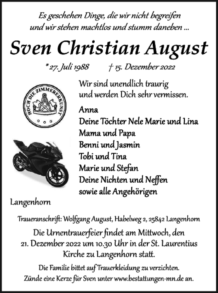  Traueranzeige für Sven Christian August vom 17.12.2022 aus Husumer Nachrichten