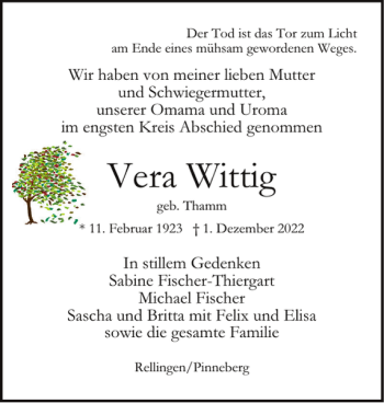Traueranzeige von Vera Wittig von Pinneberger Tageblatt
