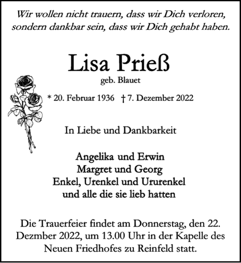  Traueranzeige für und Dezmber um der Friedhofes zu Reinfeld  vom 17.12.2022 aus Stormarner Tageblatt