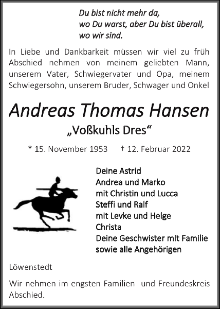  Traueranzeige für Andreas Thomas Hansen vom 16.02.2022 aus Husumer Nachrichten