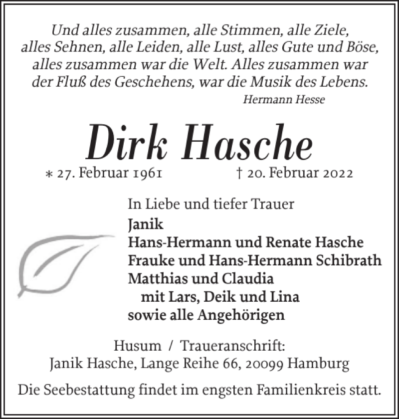  Traueranzeige für Dirk Hasche vom 28.02.2022 aus Husumer Nachrichten