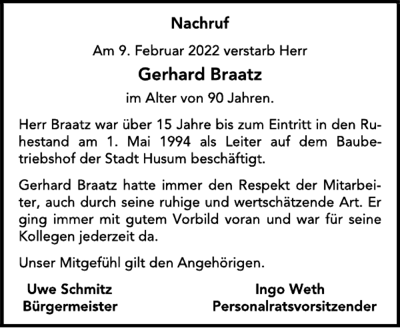  Traueranzeige für Gerhard Braatz vom 23.02.2022 aus Husumer Nachrichten