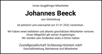 Traueranzeige von Johannes Beeck von Flensburger Tageblatt