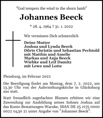 Traueranzeige von Johannes Beeck von Flensburger Tageblatt