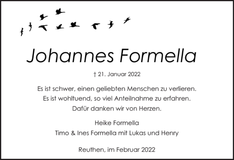  Traueranzeige für Johannes Formella vom 19.02.2022 aus Landeszeitung