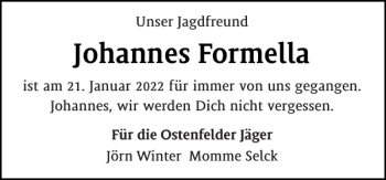 Traueranzeige von Johannes Formella von Landeszeitung
