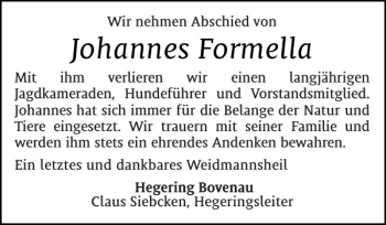 Traueranzeige von Johannes Formella von Landeszeitung