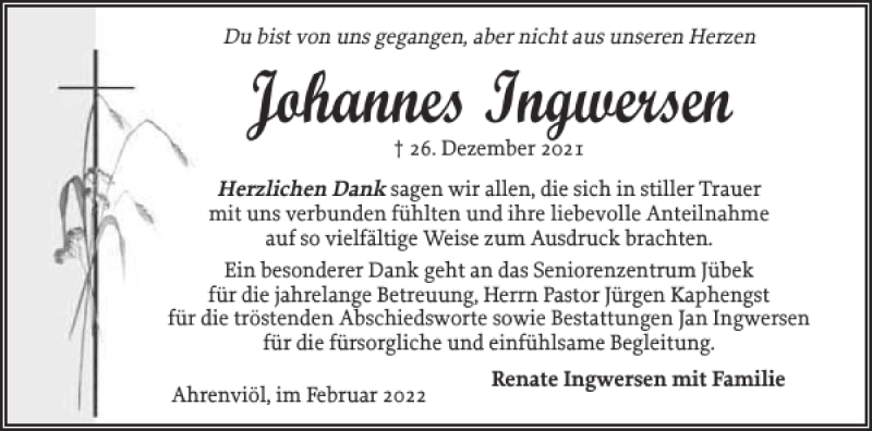  Traueranzeige für Johannes Ingwersen vom 17.02.2022 aus Flensburger Tageblatt