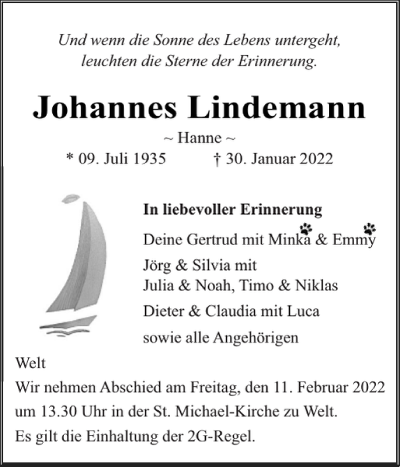 Traueranzeige für Johannes Lindemann vom 04.02.2022 aus Husumer Nachrichten