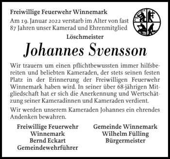 Traueranzeige von Johannes Svensson von Eckernförder Zeitung