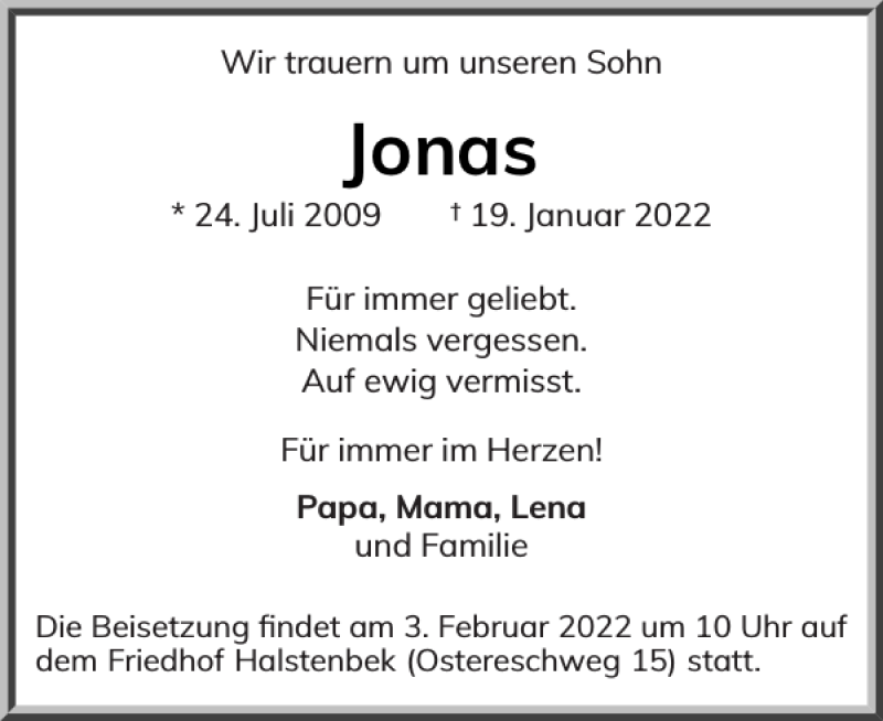  Traueranzeige für Jonas  vom 01.02.2022 aus Pinneberger Tageblatt