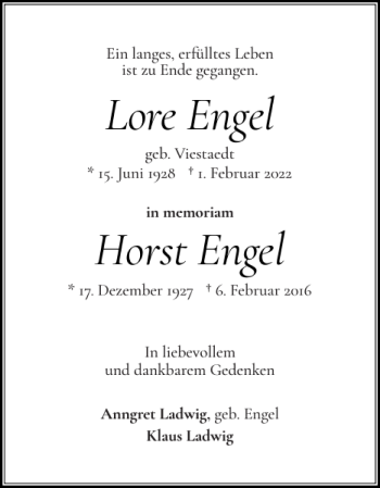 Traueranzeige von Lore Engel Horst Engel von Norddeutsche Rundschau