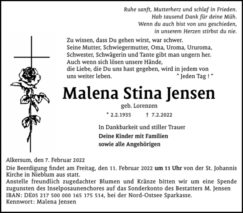  Traueranzeige für Malena Stina Jensen vom 09.02.2022 aus Der Insel-Bote
