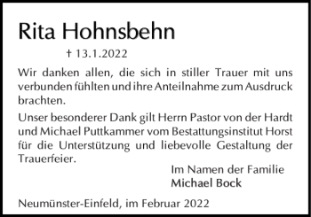 Traueranzeige von Rita Hohnsbehn von Holsteinischer Courier