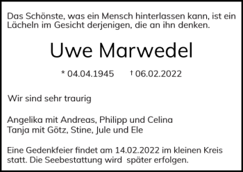 Traueranzeige von Uwe Marwedel von Stormarner Tageblatt