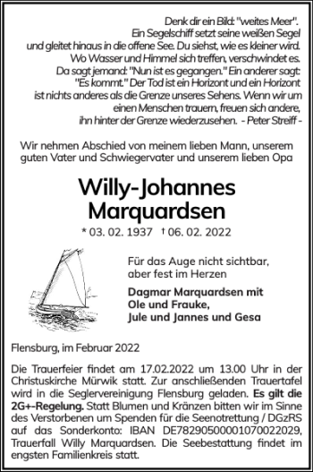 Traueranzeige von Willy-Johannes Marquardsen von Flensburger Tageblatt