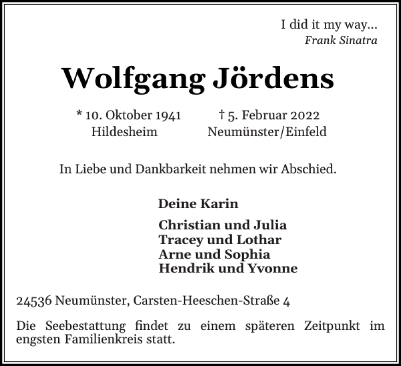  Traueranzeige für Wolfgang Jördens vom 12.02.2022 aus Holsteinischer Courier