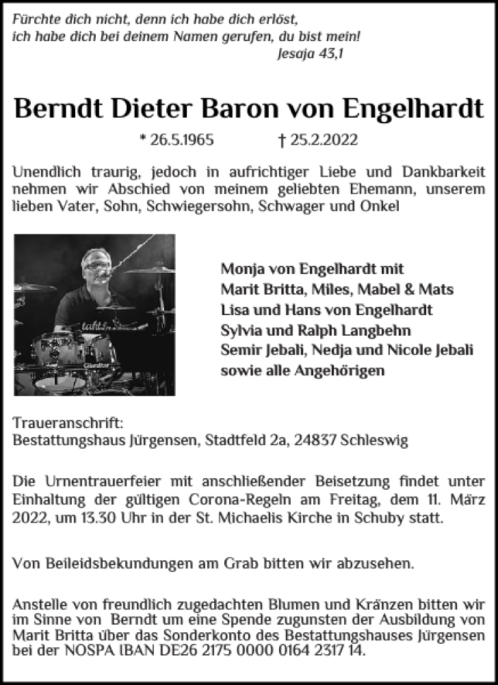  Traueranzeige für Berndt Dieter Baron von Engelhardt vom 05.03.2022 aus Landeszeitung