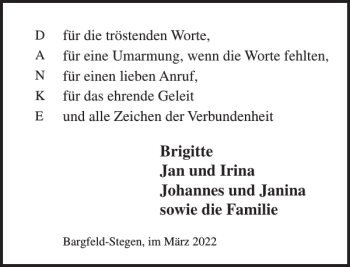Traueranzeige von Brigitte Jan und Irina Johannes und Janina  von Stormarner Tageblatt