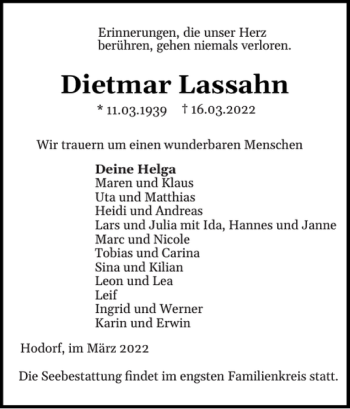 Traueranzeige von Dietmar Lassahn von Norddeutsche Rundschau
