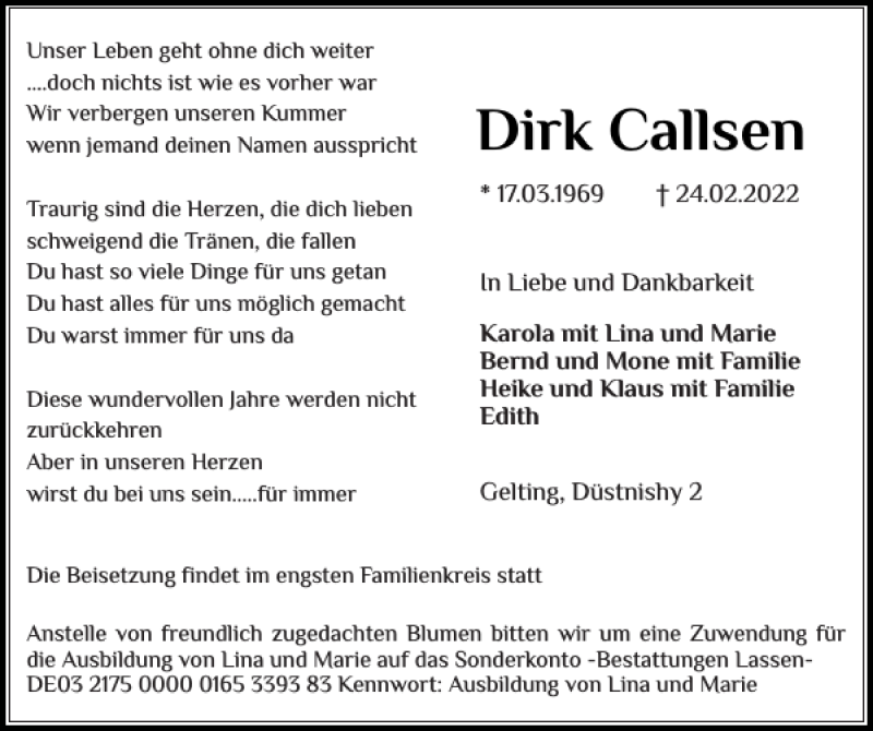  Traueranzeige für Dirk Callsen vom 03.03.2022 aus Flensburger Tageblatt