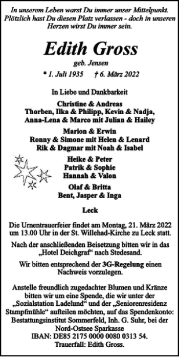 Traueranzeige von Edith Gross von Flensburger Tageblatt