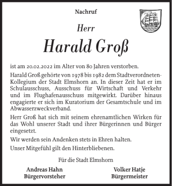 Traueranzeige von Harald Groß von Elmshorner Nachrichten