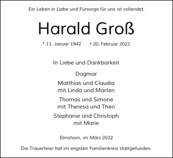 Traueranzeige von Harald Groß von Elmshorner Nachrichten